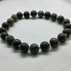 Serpentine Jade 14k Plated Bead Stretch Bracelet